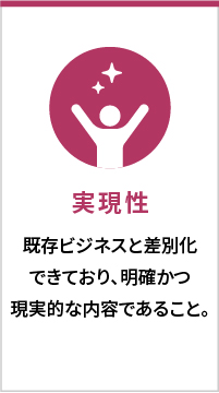 実現性　既存ビジネスと差別化できており、明確かつ現実的な内容であること。